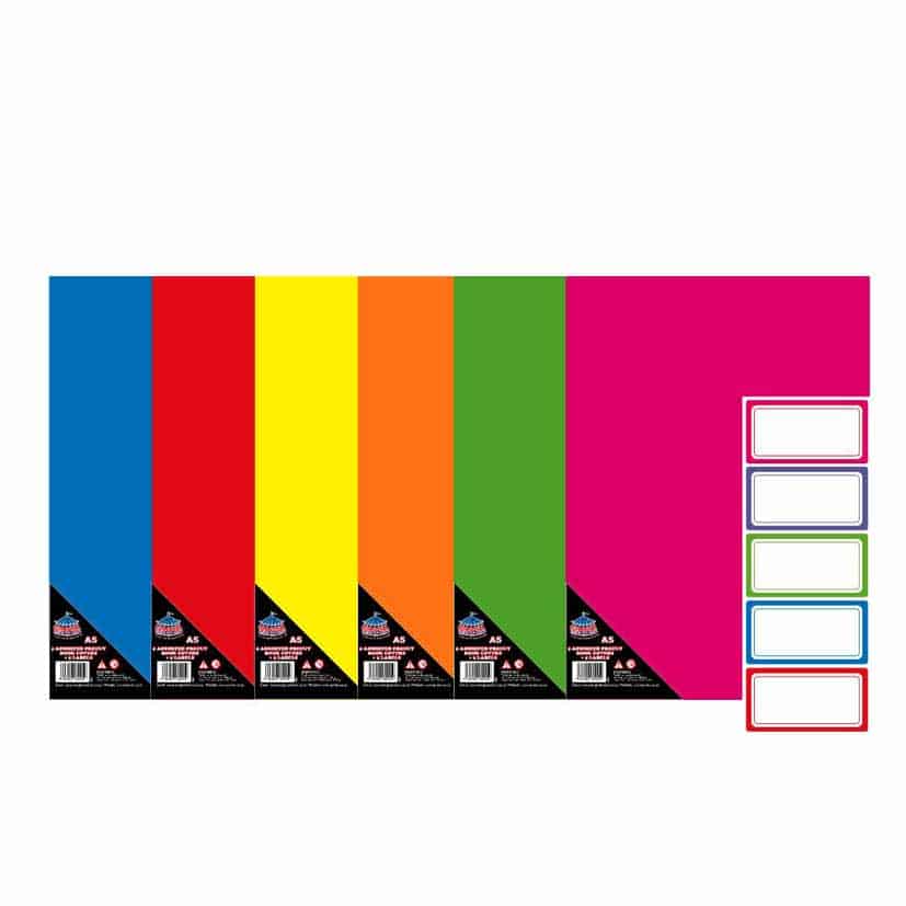 PRECUT A4 COVERS AND LABELS BRIGHT WRAP BOOK, 5 COVERS AND 5 LABELS