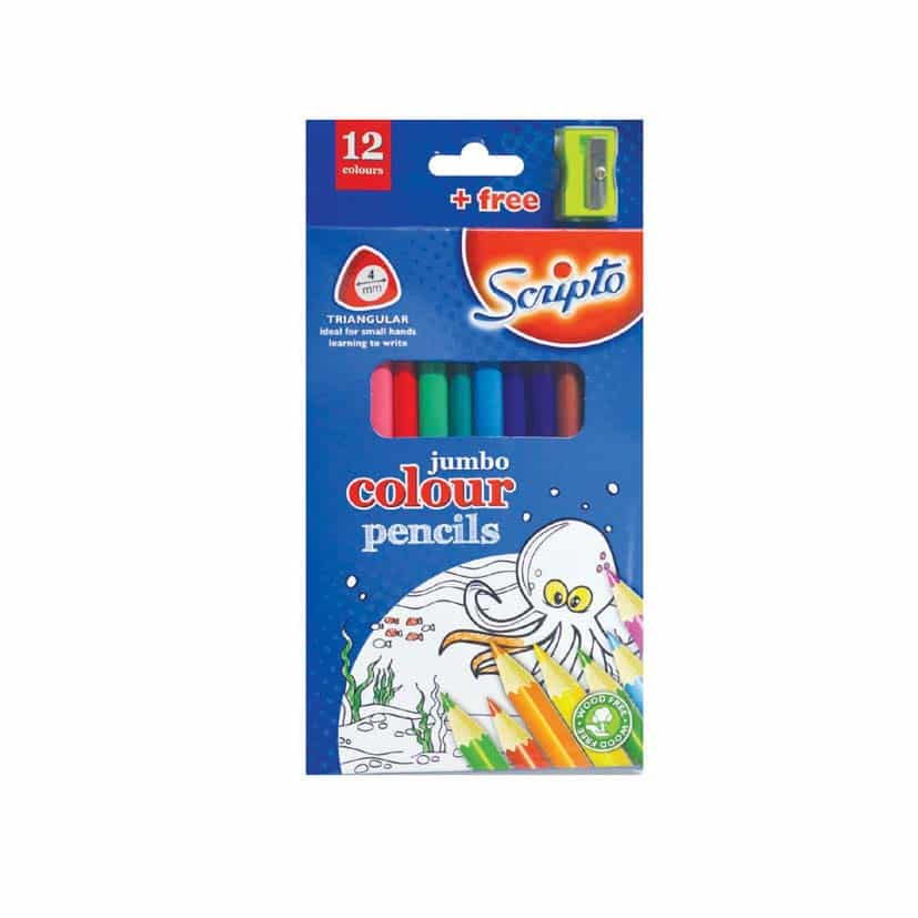SCRIPTO TRI-JUMBO WOODFREE COLOUR PENCILS 12PK