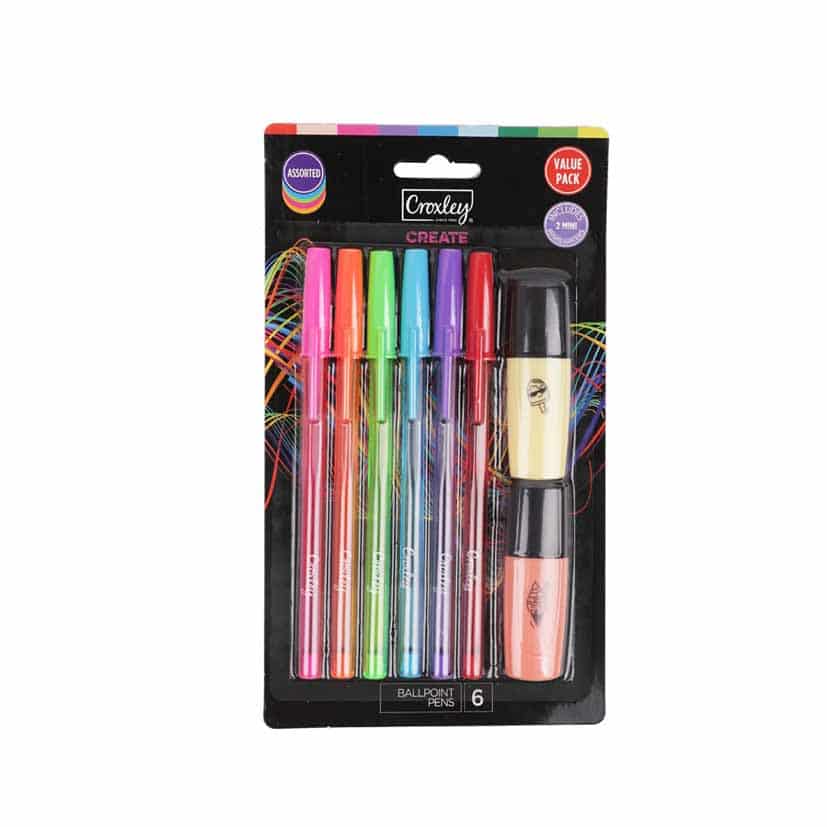 CROXLEY CREATE 6 ASSORTED BALLPOINT PENS N2 MINI HIGHLIGHTERS