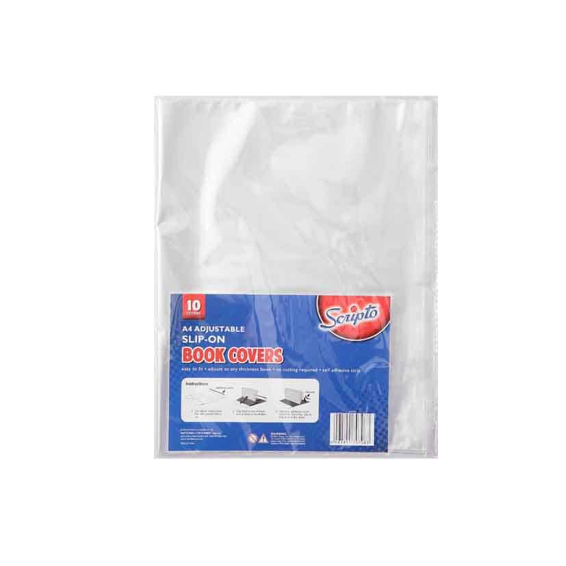 SCRIPTO A4 ADJUSTABLE SLIP-ON BOOK COVERS CLEAR PLASTIC 10PK